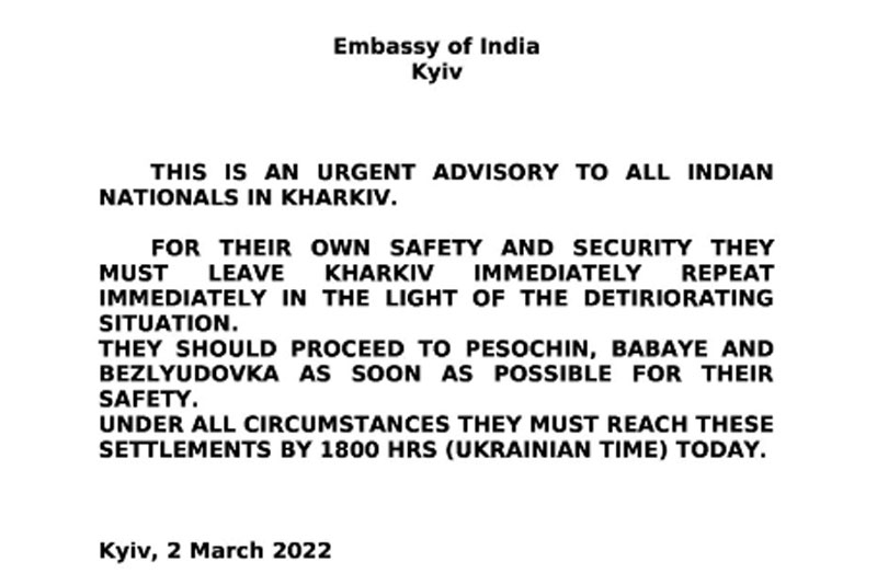 ADVISORY UKRIANE 'Walk if no vehicle, but leave Kharkiv', Embassy tells Indians