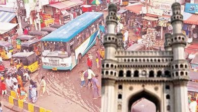 Traffic congestion and haphazardly parked auto-rickshaws obstruct the roads around Charminar, causing difficulties for residents and visitors.