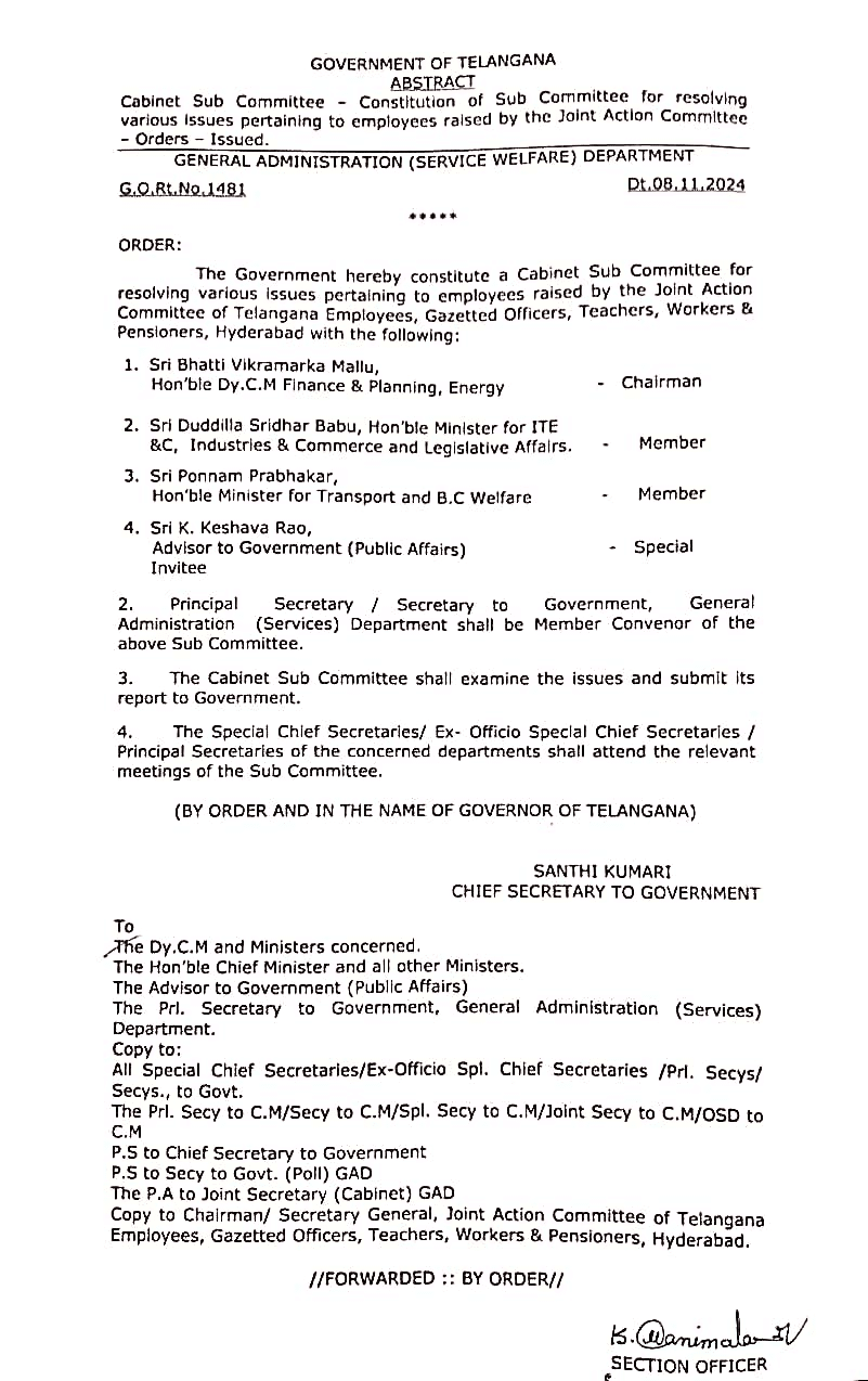 image Telangana Government Forms Cabinet Sub Committee to Address Employee Issues Raised by Joint Action Committee