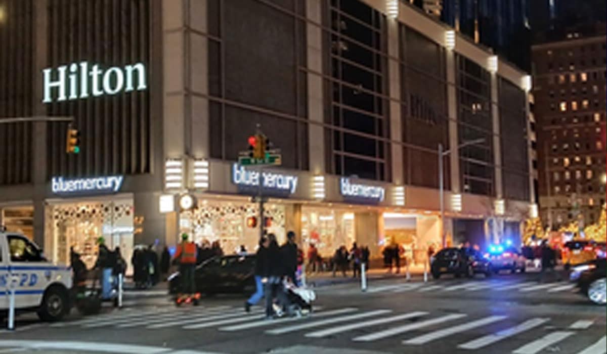 Crime scene outside the Hilton Hotel in Midtown Manhattan, where United Healthcare CEO Brian Thompson was tragically shot New York found eerie messages on bullet casings.