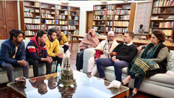 Rahul Gandhi and Priyanka Gandhi Vadra meet with the families of the victims of the Sambhal violence in New Delhi.