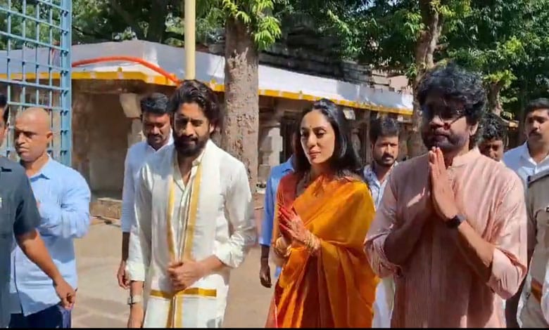 Naga Chaitanya, Sobhita Dhulipala visit temple in Andhra Pradesh with Nagarjuna